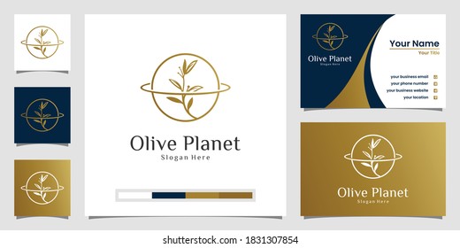 Concepto del logotipo del olivo en el planeta creativo y diseño de tarjetas de visita