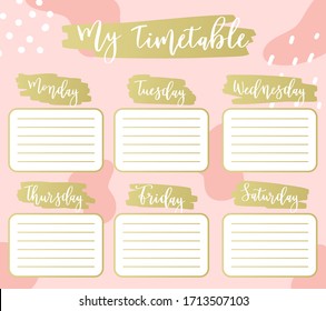 Creative planner My timetable with gold glitter sparkles on pink background. Stylish fashion organizer and schedule. Planner geometric template for print, wedding, school. Vector illustration