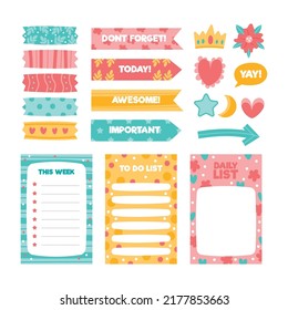 Creative planner scrapbook elements pack. Cute paper note and printable. To do list template. Business organizer set. Simple page. Scrapbook and schedule collection. Banner design for message.EPS10.
