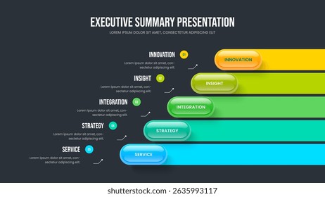 Diseño de presentación de diapositivas de infografía de cinco pasos de planificación creativa. Plantilla de presentación de diagrama de 5 elementos de desarrollo de ventas. Ilustración vectorial de diseño de marco de propuesta de inversor.