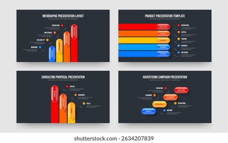 Creative Planning Four Five Three Four Element Infographic Slide Layout Vector Illustration Set. Financial Portfolio 4 5 3 4 Step Diagram Presentation Design Bundle.
