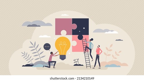 Creative planning and innovative solution for work task tiny person concept. Creativity and efficient approach after brainstorm process vector illustration. Job optimization with thinking out of box.