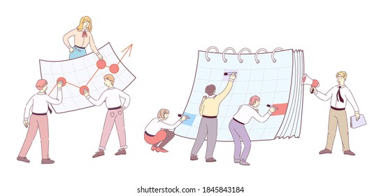 Programación de planificación creativa con calendario. Trabajo en equipo, aumentar los resultados financieros. El equipo conjunto se ocupa de la planificación financiera. Líder de equipo con altavoz motiva a los empleados a usar vectores de línea de doodle plana