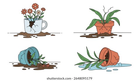 Creative Plant Pots Showcasing Broken Vessels and Spilled Soil for Garden Design