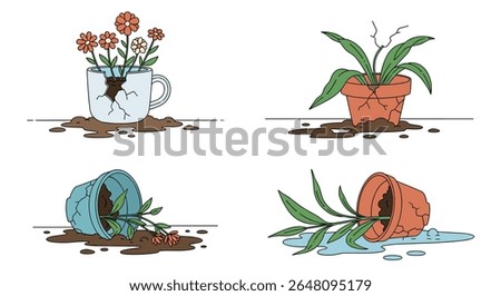 Creative Plant Pots Showcasing Broken Vessels and Spilled Soil for Garden Design