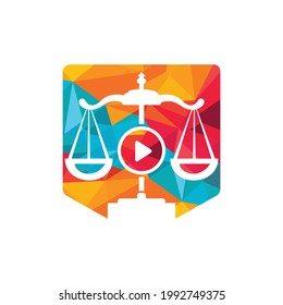 Creative play media law firm vector logo design. Scales and record symbol or icon.