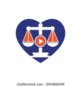 Creative play media law firm vector logo design. Scales and record with heart symbol or icon.	
