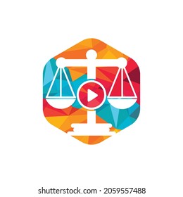 Creative play media law firm vector logo design. Scales and record symbol or icon.	