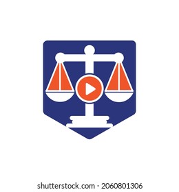 Creative play media law firm vector logo design. Scales and record symbol or icon.	