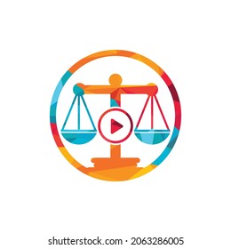 Creative play media law firm vector logo design. Scales and record symbol or icon.	