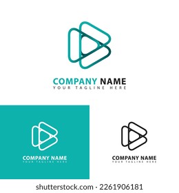 Creative Play Media Logo Design Template with line art. Play button icon.