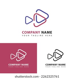 Creative Play Media Logo Design Template with line art. Icon playing video, movie, streaming in business.
