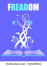 A creative play on words with an open book and floral growth for Print or Web.