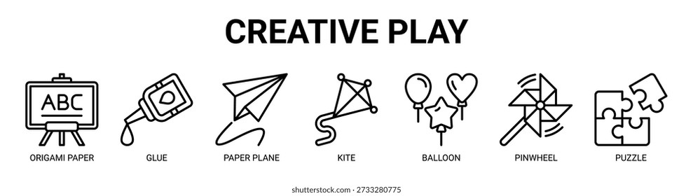Creative Play web banner icon vector illustration concept with icon of origami paper, glue, paper plane, kite, balloon, pinwheel, and puzzle.