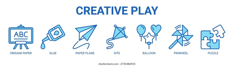 Creative Play web banner icon vector illustration concept with icon of origami paper, glue, paper plane, kite, balloon, pinwheel, and puzzle.