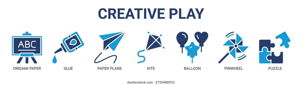 Creative Play web banner icon vector illustration concept with icon of origami paper, glue, paper plane, kite, balloon, pinwheel, and puzzle.