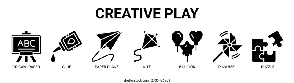 Creative Play web banner icon vector illustration concept with icon of origami paper, glue, paper plane, kite, balloon, pinwheel, and puzzle.