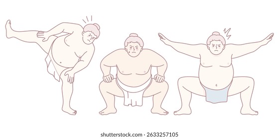 Creative and playful cartoon designs featuring sumo wrestlers showcasing various stances and unique expressions