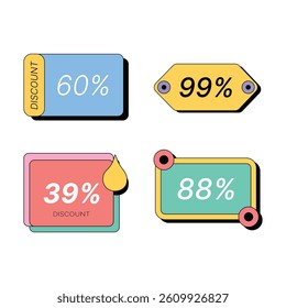 A creative and playful set of 4 discount tags featuring quirky shapes and vibrant colors. Each label showcases a different design style.