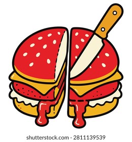 A creative and playful vector graphic depicting a cake designed to look like a realistic cheeseburger, cut neatly down the middle into two halves. A kitchen knife with a yellow handle is shown sticking into the right half. The 