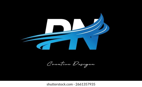 Creative PN Initial Letter Logo with Blue Wave Elements. Modern Creative Branding Design on Black Background