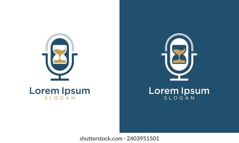 Creative podcast logo template with hourglass and microphone icon