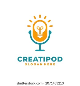 Creative podcast logo vector with bulb and microphone symbol