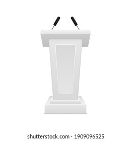 Creative of a podium tribune with microphones on a white background. The artistic design of the tribune stands. Business presentation or conference speech realistic 3d stands. Vector illustration. 