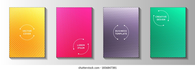 Conjunto de vectores de plantillas de portada de semitono perforadas de punto creativo. El catálogo médico se desvaneció con los patrones de semitono. Dibujos de historietas de dibujos animados retro estilo portada. Efectos ópticos.