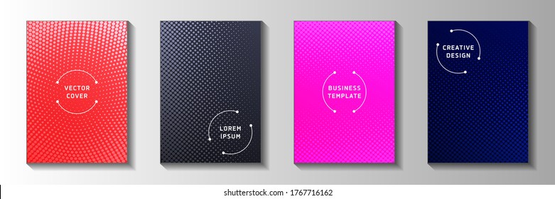 Creative point perforated halftone front page templates vector collection. Geometric booklet faded halftone backdrops. Retro cartoon comics style title page layouts. Gradient design.