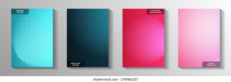 Creative point screen tone gradation cover page templates vector collection. Business brochure faded screen tone backdrops. Vintage comics style cover layouts. Round pixels.