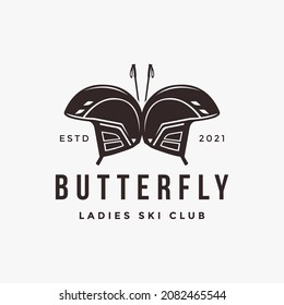 Creative poles and ski helmet as butterfly skiing logo vector on white background