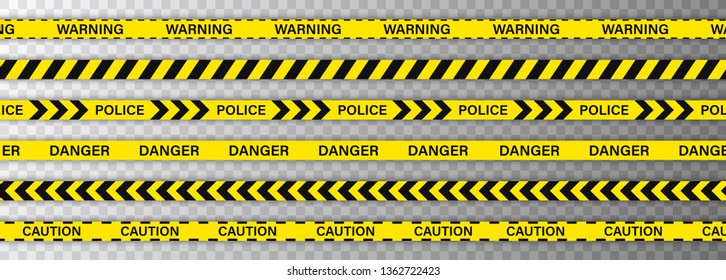 Creative Police line black and yellow stripe border. Police, Warning, Under Construction, Do not cross, stop, Danger. Set of danger caution seamless tapes. Crime places. Construction sign