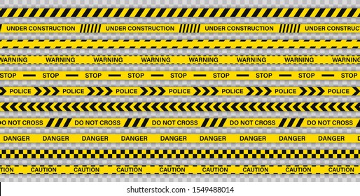 Creative Police Line Black And Yellow Stripe Border. Police, Warning, Under Construction, Do Not Cross, Stop, Danger. Set Of Danger Caution Seamless Tapes. Crime Places. Construction Sign.