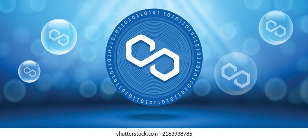 Moneda criptográfica de polígono creativo (MATIC) con símbolo del efectivo electrónico virtual. Plantilla de ilustración vectorial para banners, fondos web y diseño de fondo de pantalla. 