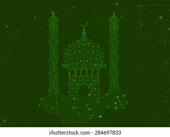 Creative polygonal mosque on green background for holy month of muslim community, Ramadan Kareem celebration.