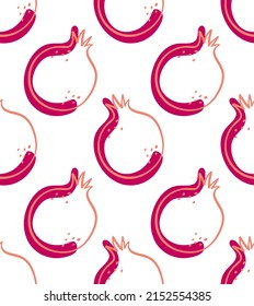 Creative pomegranates with spots and dots. Fruity seamless pattern with scattered outline fruits. Summer design with repeated fruits. Hand drew ink doodle style. 