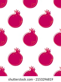Creative pomegranates with spots and dots. Fruity seamless pattern with scattered outline fruits. Summer design with lovely fruits on the white background. Hand drew ink doodle style. Abstract fruit. 