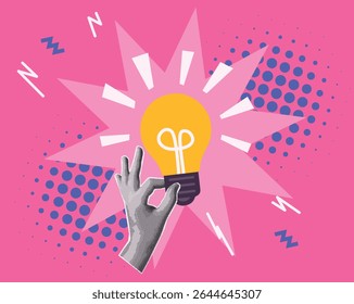 Ilustração de arte pop criativa com lâmpada e sinal de mão OK no fundo rosa vibrante. Símbolo de ideia, inspiração e inovação em estilo cômico retro.