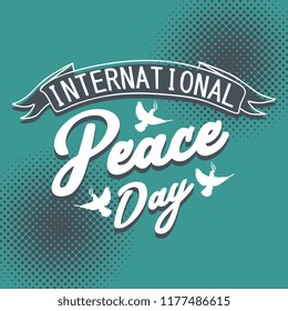 Creative pop art International Peace Day with silhouette of pigeon and typography lettering badge. Banner design illustration for web and print isolated on blue background.