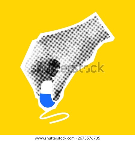 Creative pop art style illustration of a hand holding a blue eraser. Dominated by a vibrant yellow background. Perfect for artistic and educational themes.