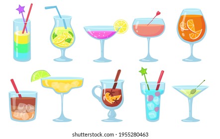 Creative popular alcohol cocktails flat pictures set. Cartoon gin, martini, gluehwein, juice, pina colada in glasses isolated vector illustrations. Drinks and beverages concept