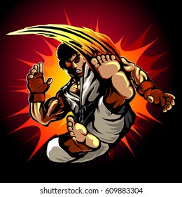 creative popular martial arts, karate, taekwondo etc. cruel male fighter character shown super high jump kick movement with fire effects in red hot gradient background for martial arts every design.