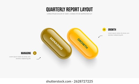 Creative Portfolio 2 Option Diagram Slideshow Template. Sales Planning Two Element Infographic Slide Layout. Project Performance Frame Design Vector Illustration.