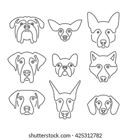 Creative portrait collection of different dog breeds, including german sheepherd, labrador, doberman, husky. Dog faces. Modern illustration of veterinarian clinic, dog breeder logo. 