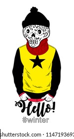 Creative portrait of dead man in winter clothes. Sugar skull with black hat abd season greetings. Vector image in doodle style.