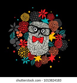 Creative portrait of hipster owl in glasses. Vector illustration with floral elements.