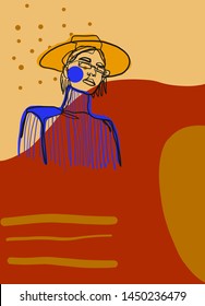 Creative portrait of a model girl on  unusual background freehand contemporary composition with shapes, brush. Abstract modern collage. Trendy design 