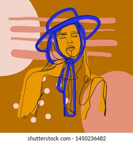 Creative portrait of a model girl on  unusual background freehand contemporary composition with shapes, brush. Abstract modern collage. Trendy design 