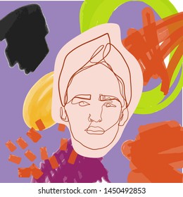 Creative portrait of a model girl on  unusual background freehand contemporary composition with shapes, brush. Abstract modern collage. Trendy design in hipster glamour vintage style. 